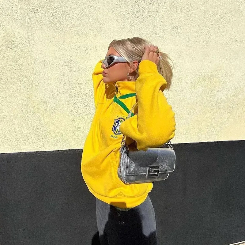 Y2k Winter Vintage American Fashion Brazil Embroidery Zip Up Hoodies Women Casual Loose Warm Sweatshirt Harajuku Jacket Coat 250206