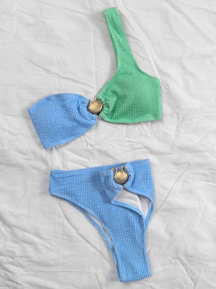 Shell Patchwork Swimwear One Shoulder Swimsuit Women Sexy Bathing Suit High Cut Bikini Sets Thongs Biquini Brazilian Beachwear 250121