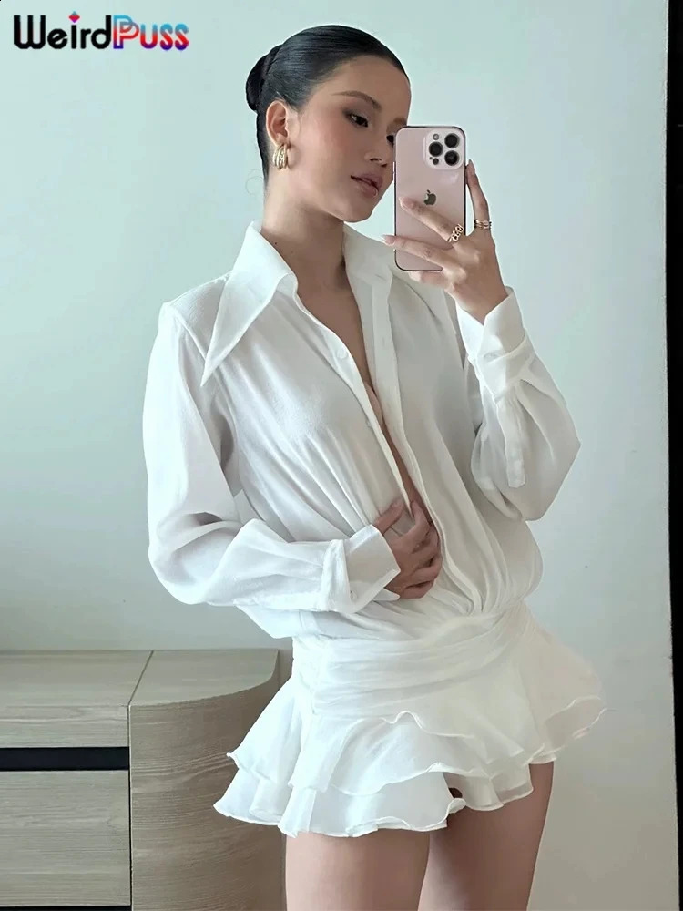 Weird Puss Tierred Dress Woman Autumn Trend See-Through Solid Turn-Down Collar Shirt Ruffles Chic Long-Sleeve Chiffon Bodycon 250206
