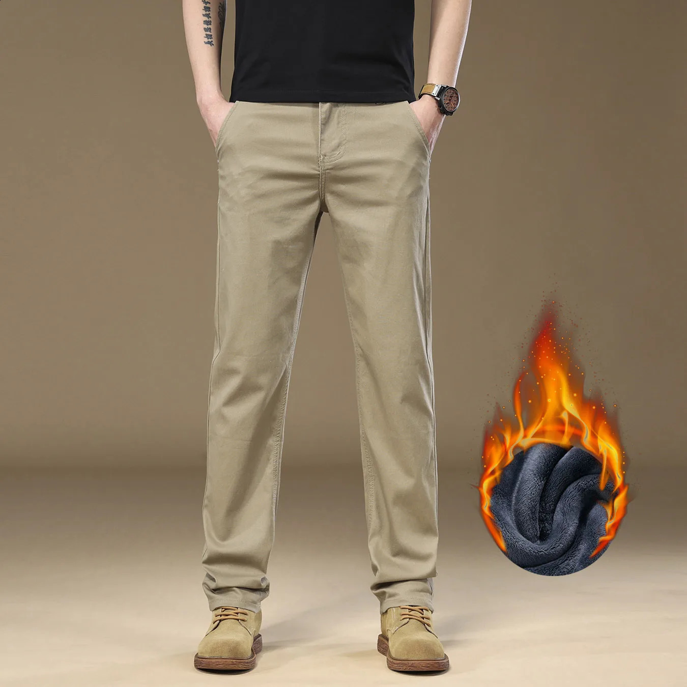 3 Colors Mens Fleece Casual Pants 97% Cotton Warm Velvet Elasticity Business Trousers Straight Fashion Korean Thicken 250110