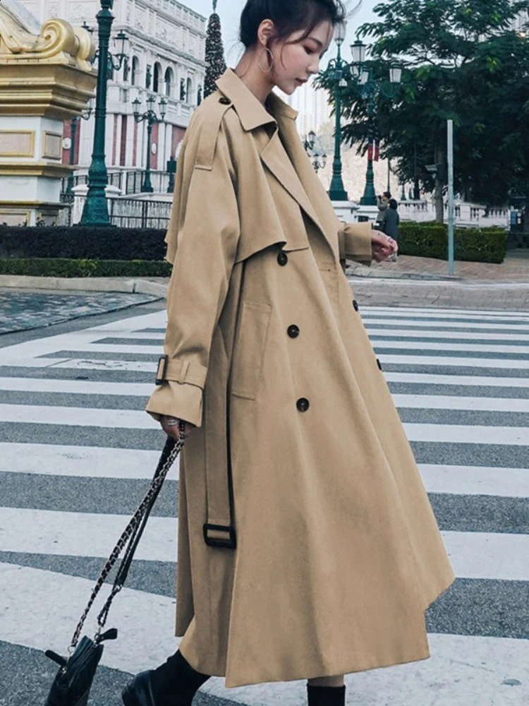 Spring and autumn khaki trench coat suitable for elegant women Korean loose coat casual streetwear windproof 250118