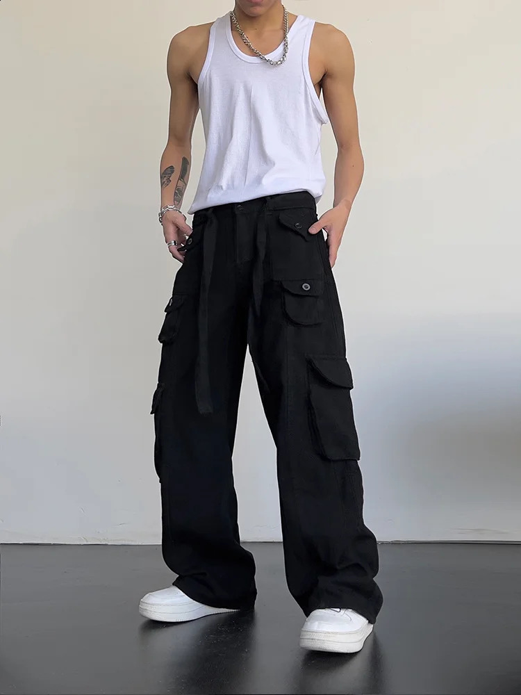 High street retro casual large pocket overalls mens and womens summer high waist loose straight tube draped wide leg pants 250206