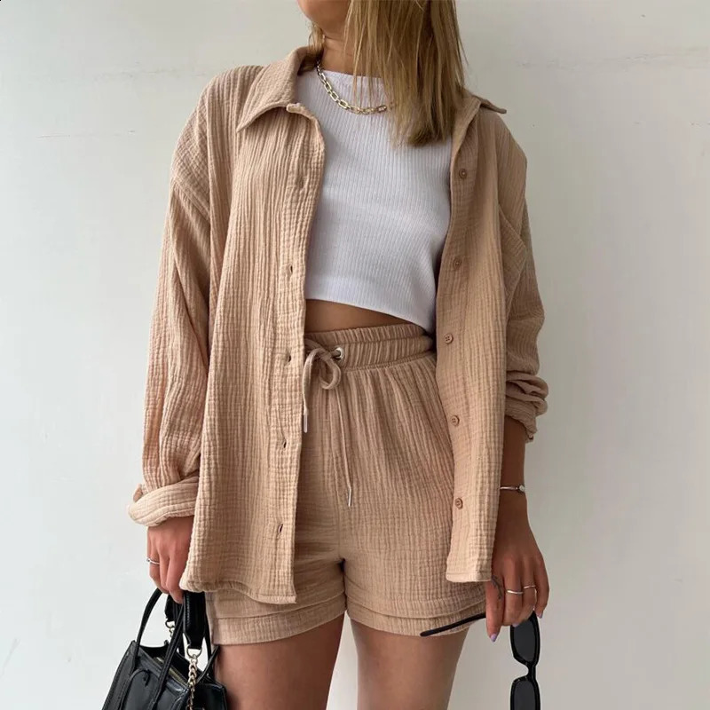 Short Sets Women Tracksuit Single Breasted Cardigan Blouses Two Pieces Shorts Loose Button High Street Solid Pockets Folds 250121