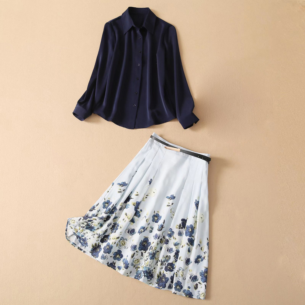 Duty Free 608M95 Women's Two Piece Dress Multicolored Noble Style Summer Collar Long Sleeved Shirt Top+Printed Skirt Set Floral
