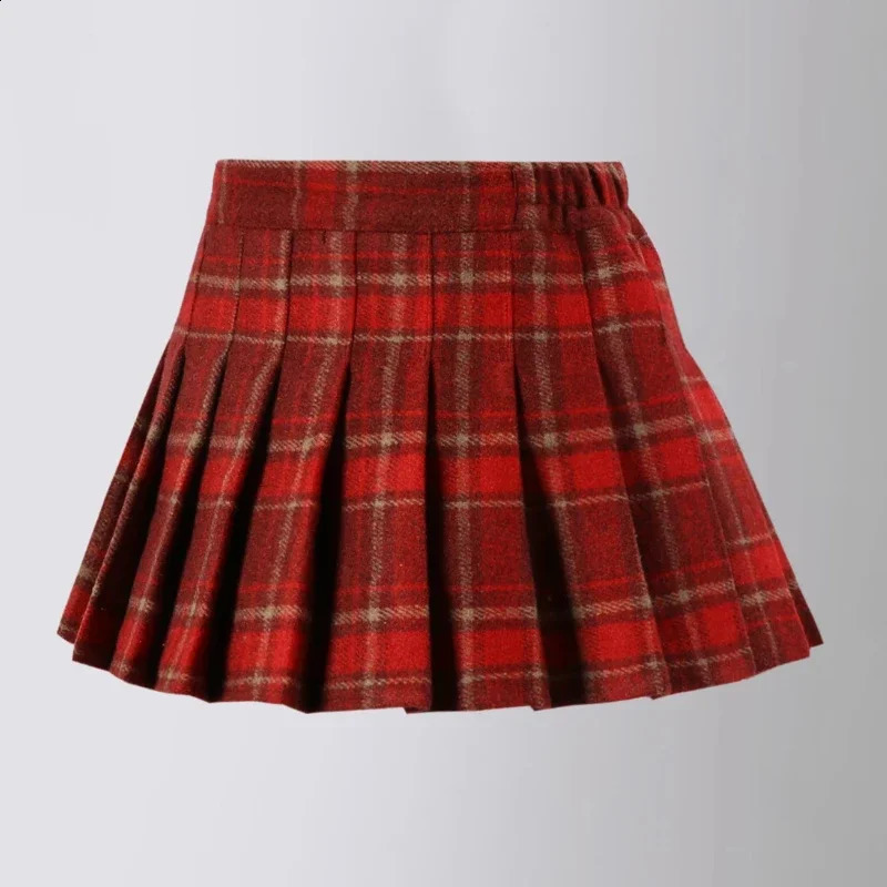 Girls Woolen Plaid Skirt Autumn Winter Thicken Warm A-line Short Skirt College Style Red Year Christmas Costume Kids Clothes 250206