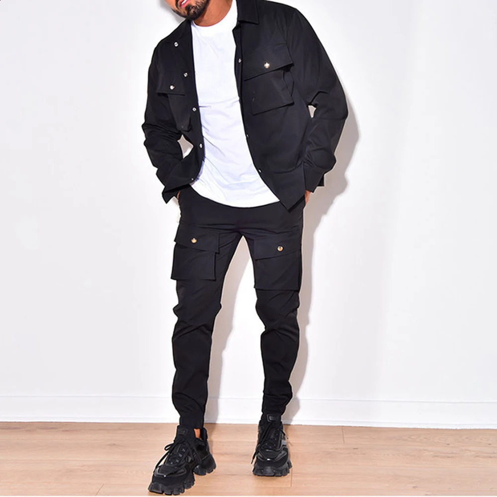 Fashionable Spring and Autumn Mens Button Long Sleeved JacketWorkwear Long Pants Set Casual Jogging Party Two-piece Set 250121