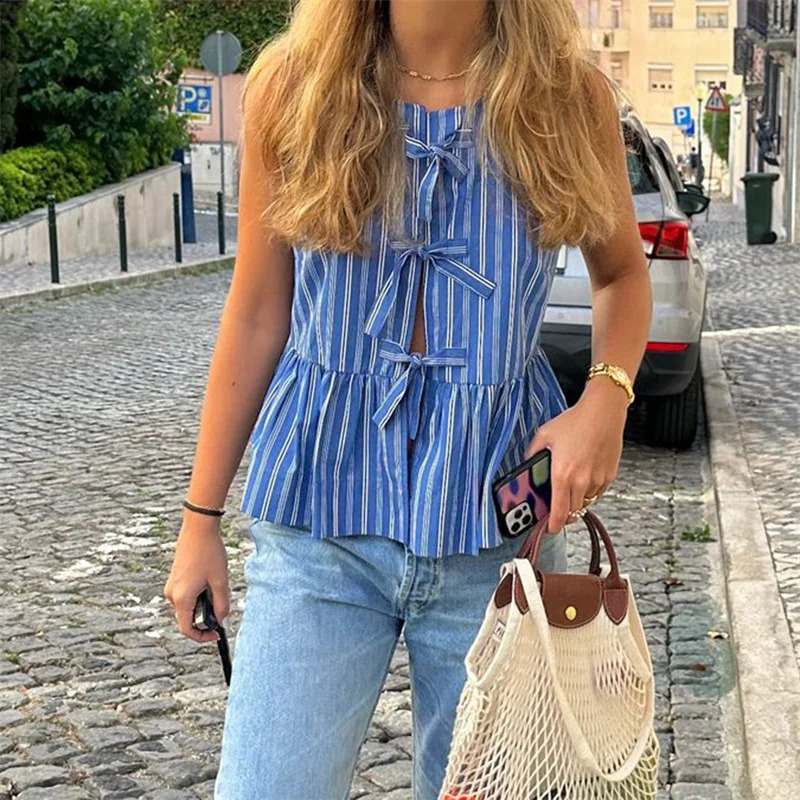 y2k Clothes Tank Top Women Elegant Striped Sleeveless Tie Up Cardigan Vest T Shirt 2000s Aesthetic Streetwear 250206