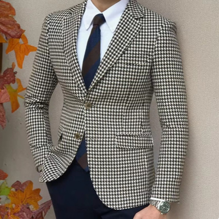 Qianniao plaid mens one-piece suit jacket with 2 side slits slim fit casual mens fashionable jacket 240824