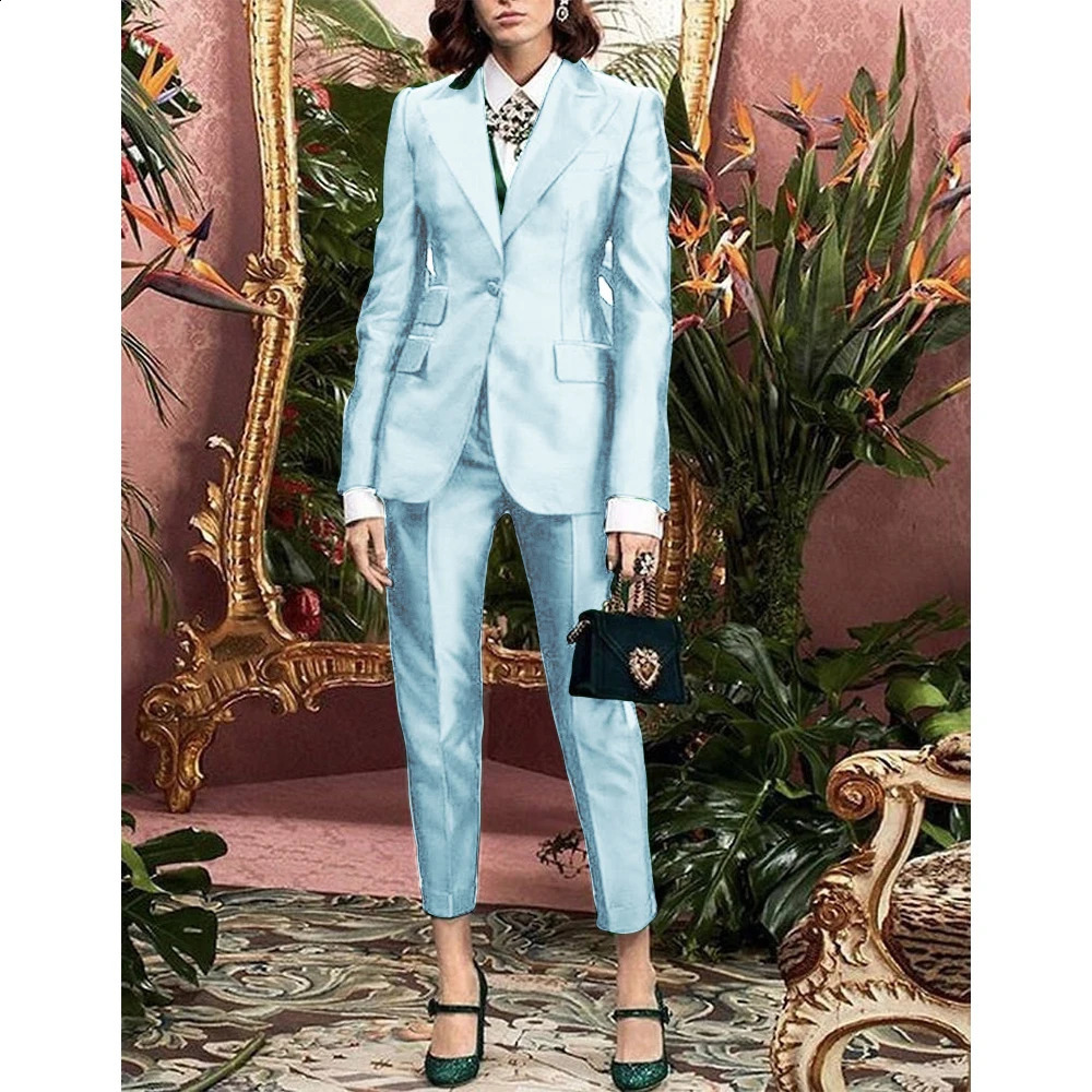 Satin Womens Suit Set Ladies 2 Pieces Pants and Top Evening Party Slim Fit Peaked Lapel Jacket Blazer Combi-pants 250206