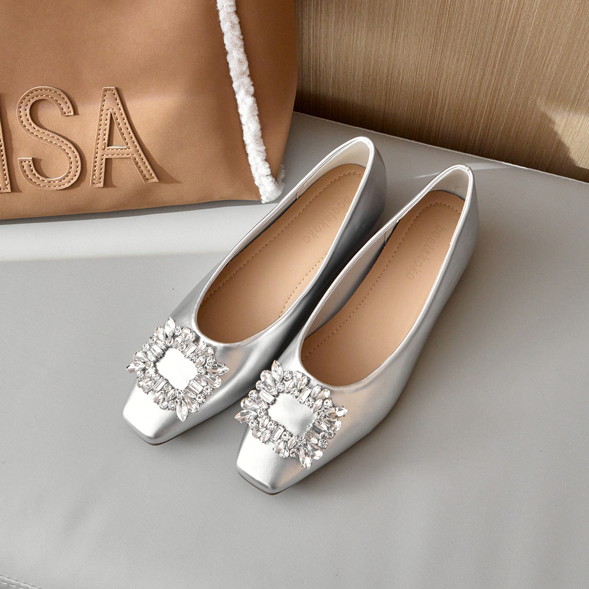 2025 summer new inner elevation flat silver senior sense square head rhinobason single shoes for women commuting shoes