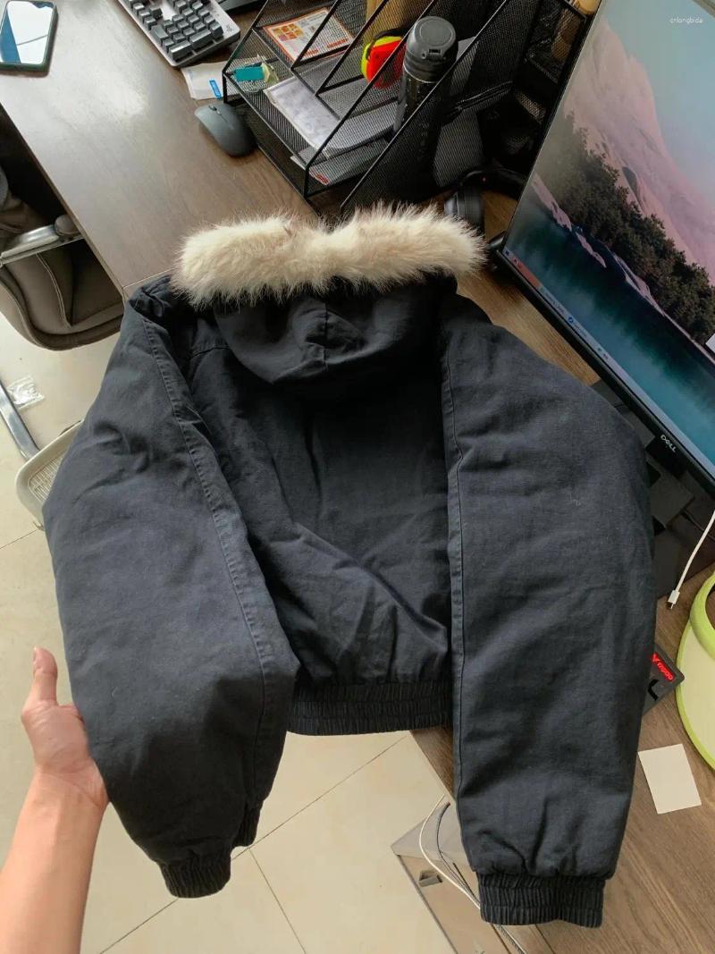 Women's Jackets Y2K Fashion Simple Retro Fur Collar Cotton Hooded Jacket Women Winter Streetwear Loose Veet Warm Haruku Casual