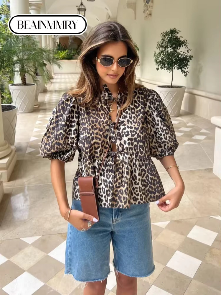 Vintage Women Spring Summer Leopard Print Lace Up Blouses Fashion Short Sleeve Single Breasted O Neck Tops 2025 Chic Streetwear
