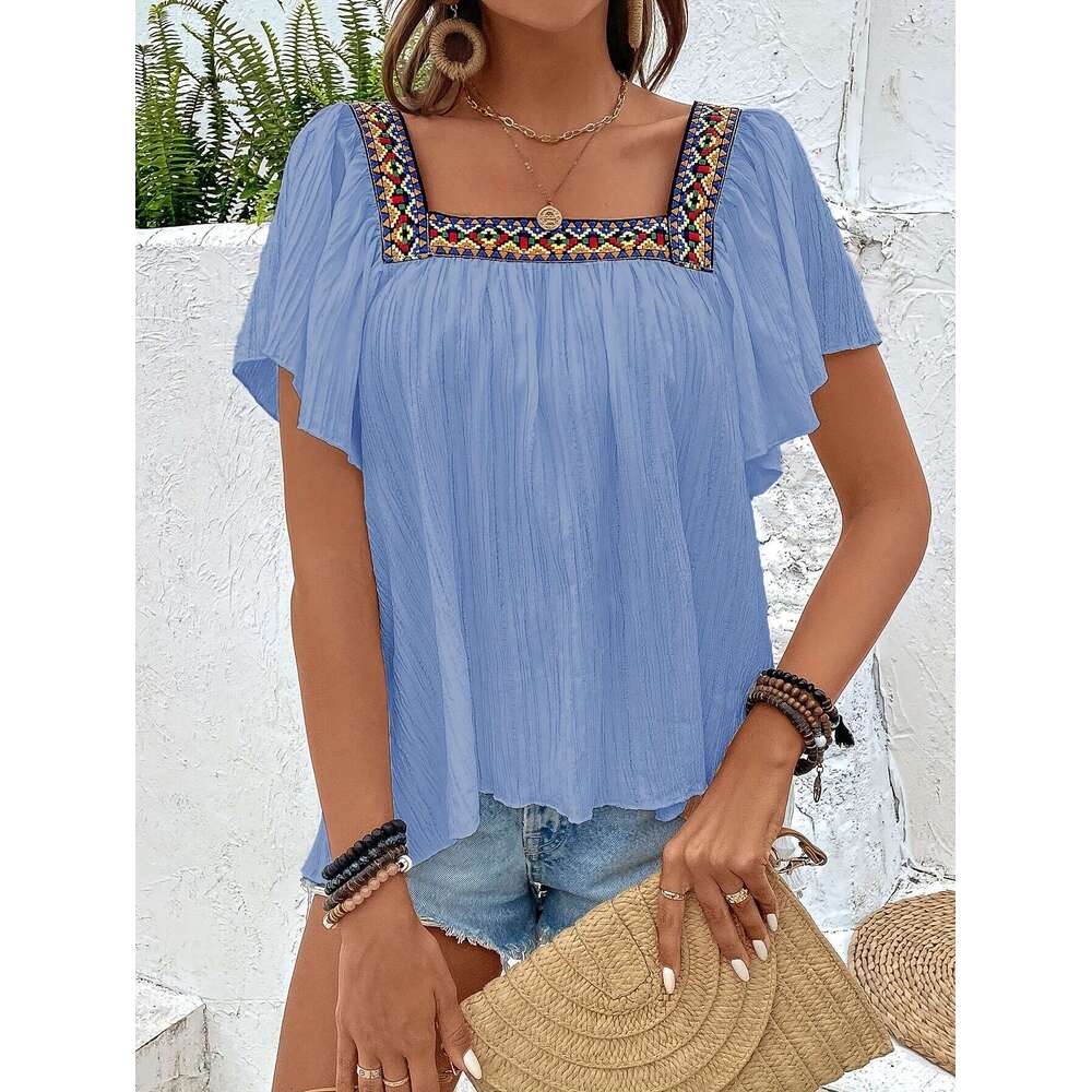 European American fashion hot summer item square collar embroidered irregular hem women's shirt 2025 new style chic and elegant clothing