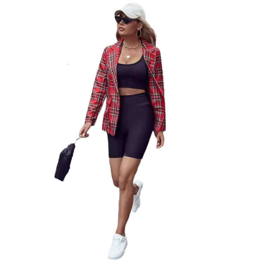 Hot selg tops in Europe, America, autumn and winter, Christmas red checkered suit, 2025 versatile temperament, new trendy clothing ins