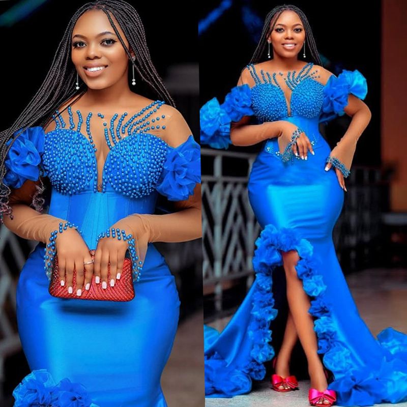 2025 Prom Dresses Plus Size Blue Mermaid Evening Dresses Illusion Long Sleeves Sheer Neck Pearls Side Split Flora Birthday Dress Second Reception Gown