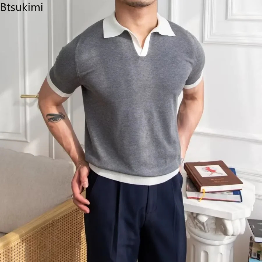 Fashion Mens Elegant Knitted Polo Shirts Casual Versatile Lapel Tees Summer Breathable Loose Tops for Men Clothes 250122