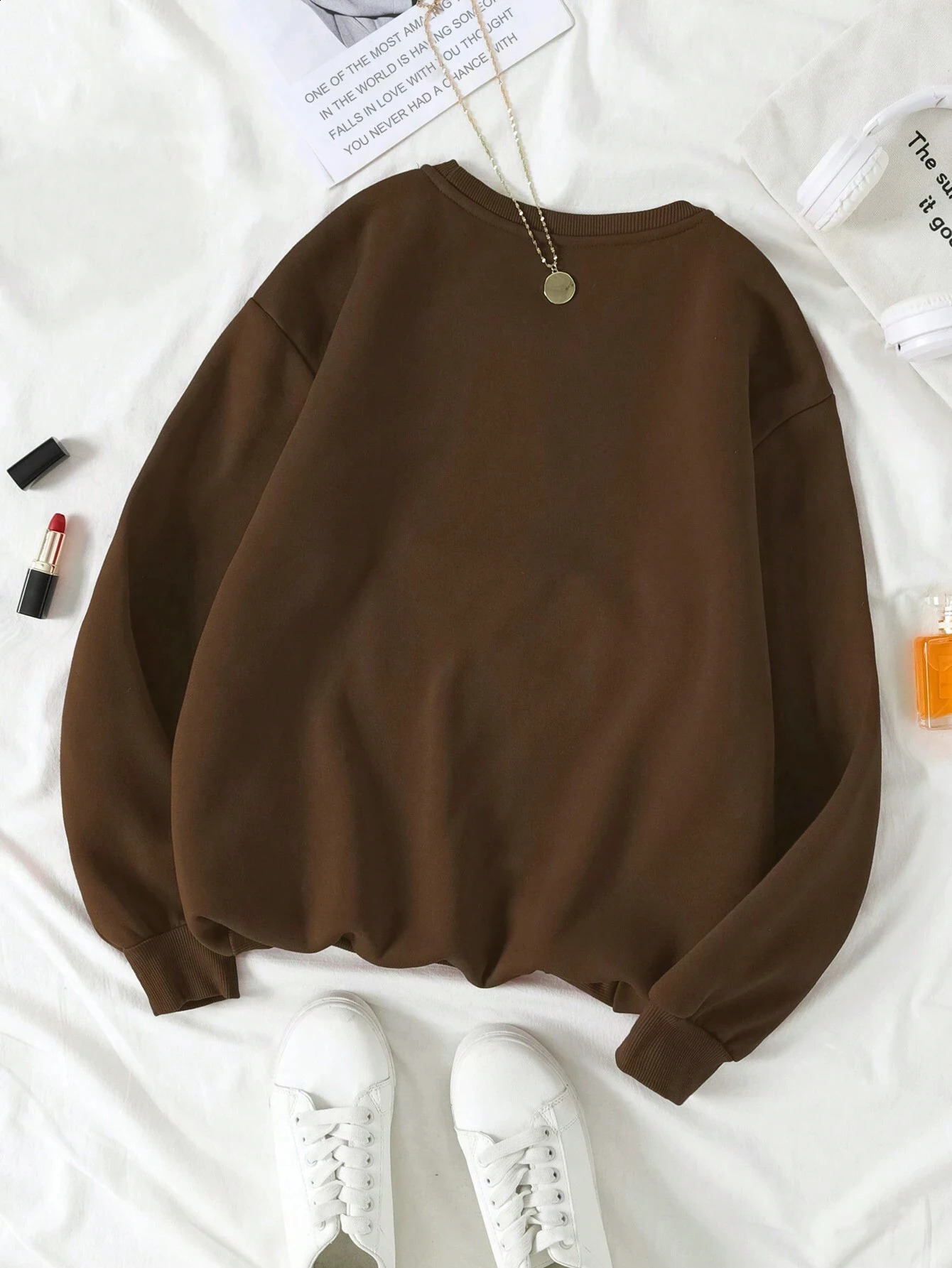 Womens Print Thermal Lined Crew Neck Loose Pullover Long Sleeve Plus Velvet Sweatshirt 250121