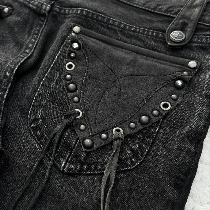 Y2K baggy Jeans Black Vintage Cross Leather Detail Punk Flared Jeans Gothic Streetwear Harajuku men women Casual wide leg jeans 250206