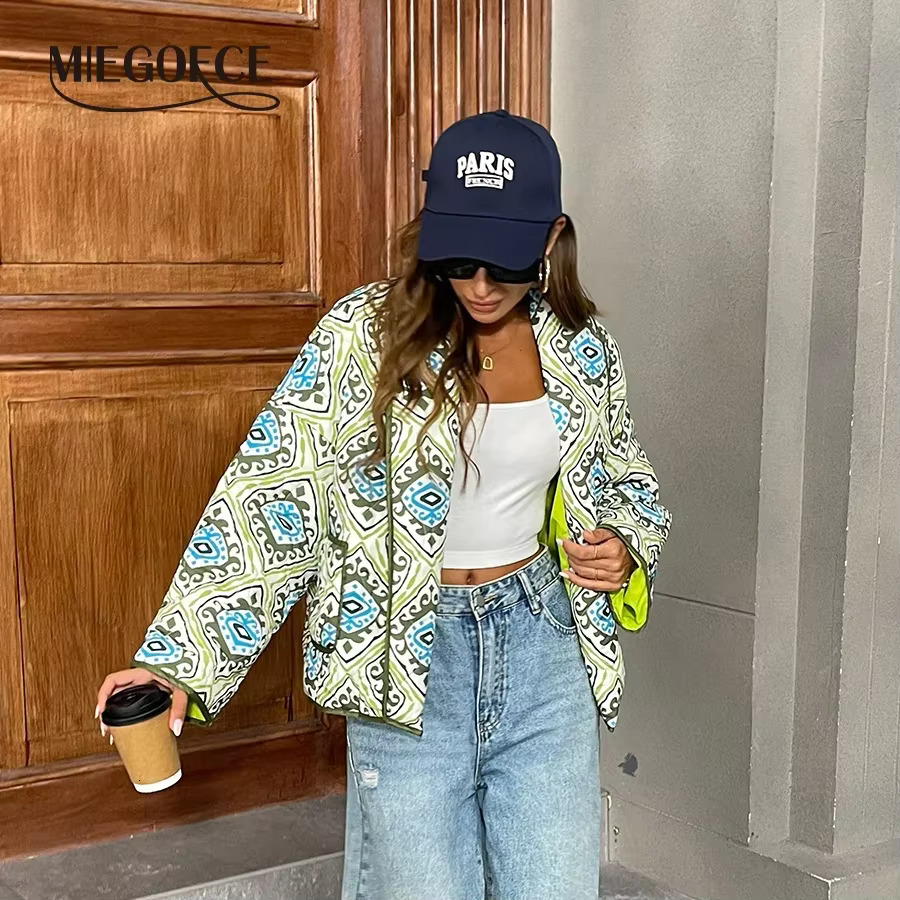 MIEGOFCE Spring Double-Pocketed Outerwear Ral Printed Thickened Quilted Pocket Retro Print Lapel Jacket Women Coat Jj-1696