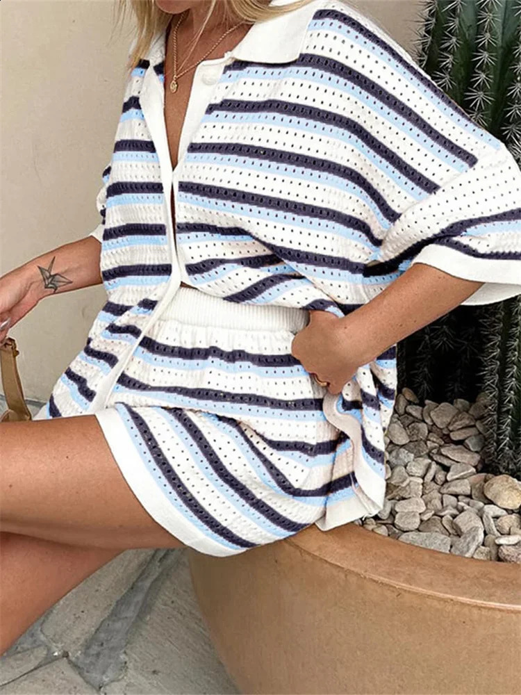 2 Piece Sets Women Striped Contrast Knit Loungewear Button Down Short Sleeve Tops and Shorts Sets Beach Casual Loose Streetwear 250121