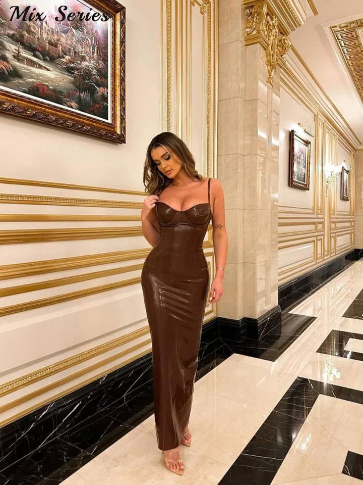 Sexy PU Leather Sling Dress Women Solid Sleeveless Hip Package High Waist Long Dresses 2024 Autumn Female Fashion Vestidos 250121