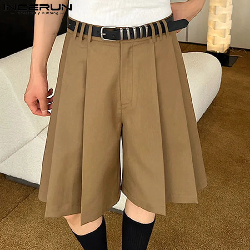 INCERUN 2024 Korean Style Mens Shorts Loose Pleated Design Wide Leg Pants Casual Streetwear Solid Comfortable Shorts S-5XL 250108