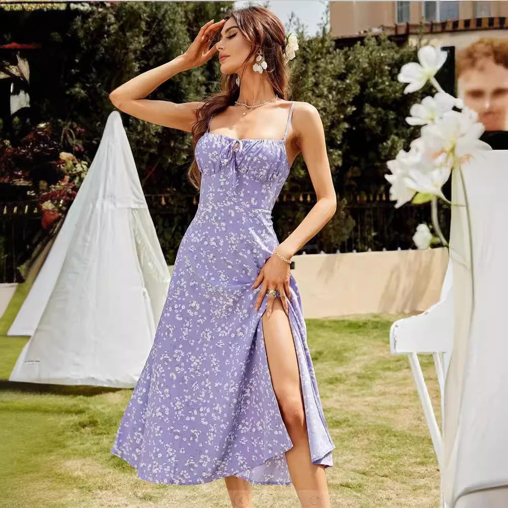 Elegant Purple Summer Sexy Strap Print Split Midi Dress Sling Front Floral Print Vacation Party Long Dresses robe longu vestido 250206
