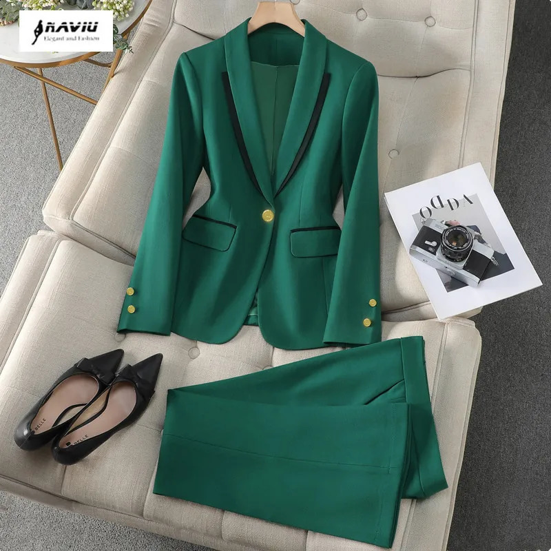 NAVIU Style Autumn Winter Green Office Work Wear Clothes For Women Blazer Set Trouser Business Elegant Pants Suits Outfit 250206