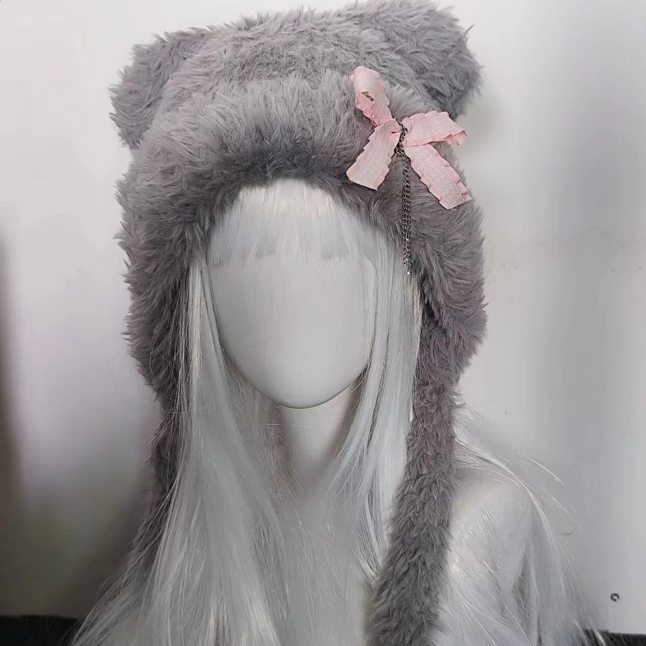 Harajuku Gothic Lolita Y2K Knitted Bear Ear Bowknot Chain Hat Women Punk er Winter Black Beanie Female Accessories Cap 250120