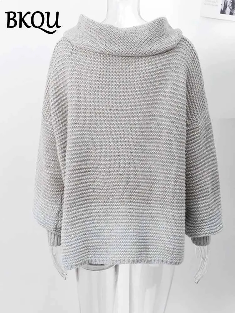 BKQU Sequin Off Shoulder Sweater Women Elegant Lantern Sleeve Loose Shiny Knit Pullover Autumn Winter Fashion Street Jumper 2025 250121