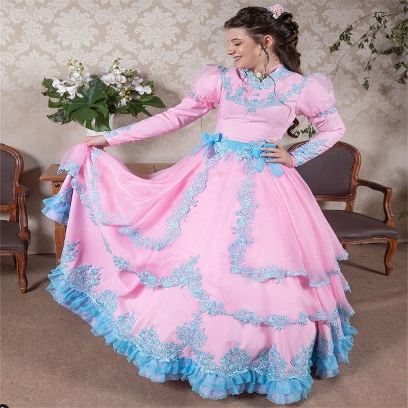 Folklorico Pink And Blue Prom Dress Mexican Costume Victorian 1860s Evening Dress 2025 Long Sleeve Civil War Contrast French Duchess Dancer Party Dres