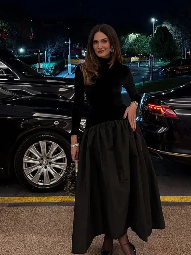 Women Classic Black High Neck Velvet Splicing Dress Fashion Full Sleeve A-line Long Dresses 2025 Lady Highstreet Slim Robes 250122