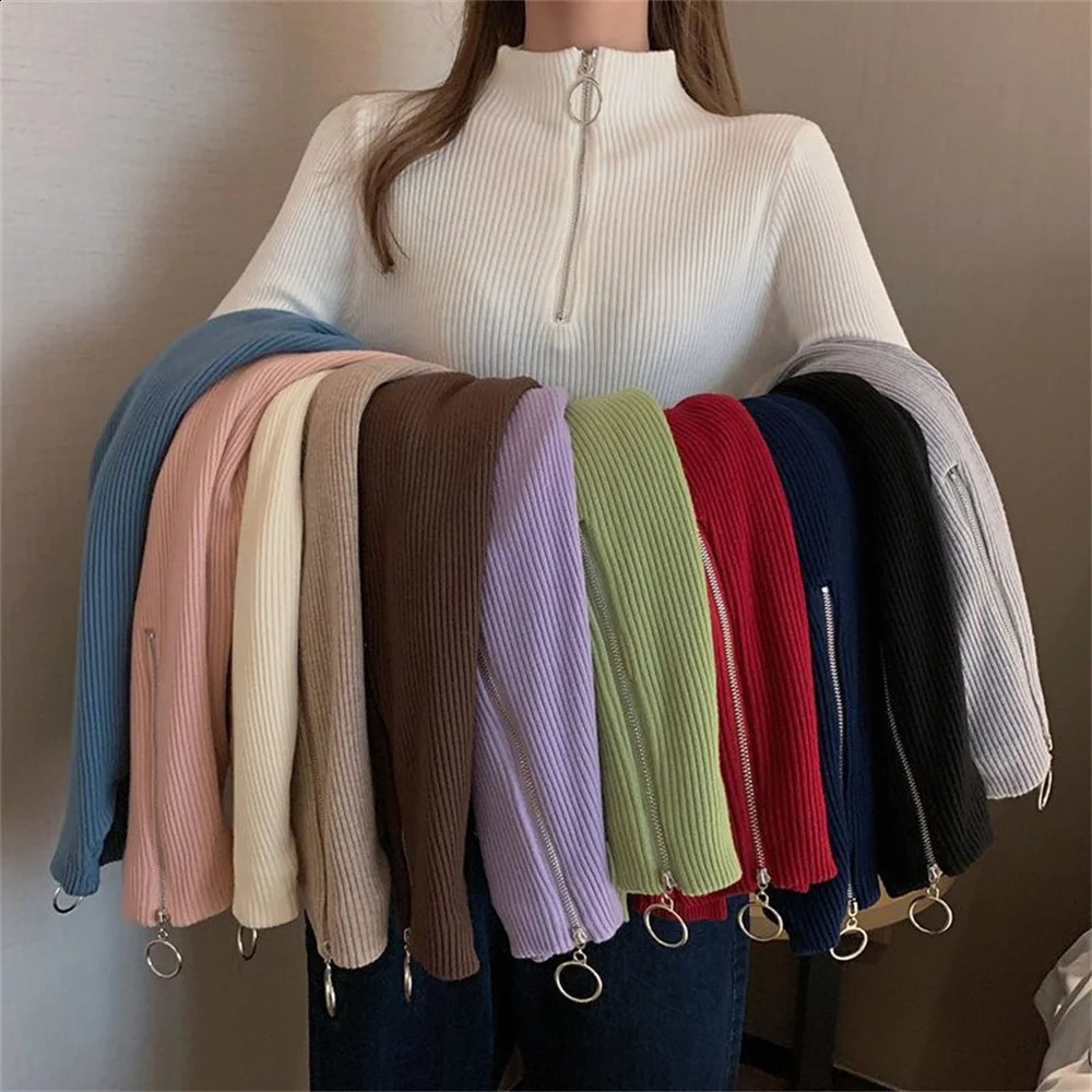 Autumn Winter Basic Long Sleeve Ladies Korean Solid Slim Fit Knitwears Women Spring Fashion Womens Zipper Red Knitted Sweater 250206