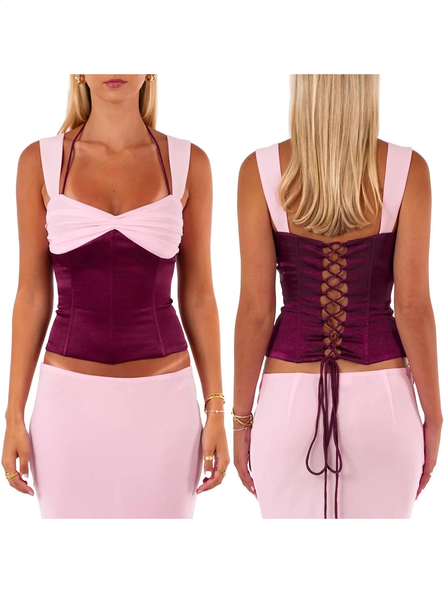 Women s Sleeveless Halter Neck Tank Tops with Lace Trim Detail and Adjustable Straps for Summer Beach Party Wear 250206