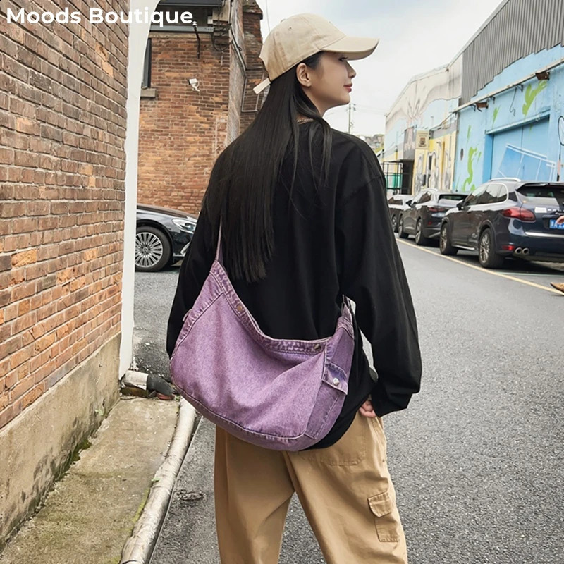 Retro fashion cross body homeless bag washed denim fabric multi pocket large capacity shoulder bag latest womens shopping bag 250303