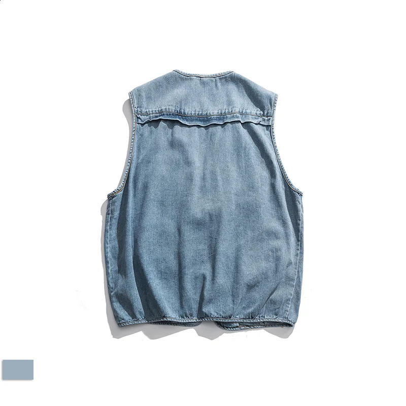 Japanese Fashion Mens Vest High Street Casual Cargo Denim Vest V-neck Sleeveless Blue Jean Jacket Youth Streetwear Men Waistcoat 250206