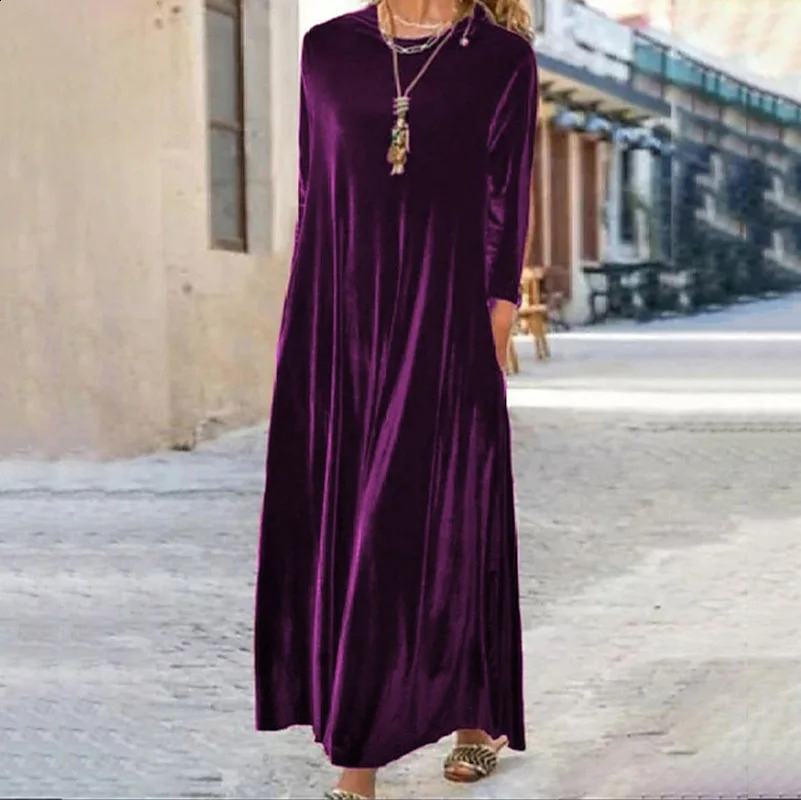 Spring Golden Velvet European and American Slim Style Round Neck Long Dress 250122