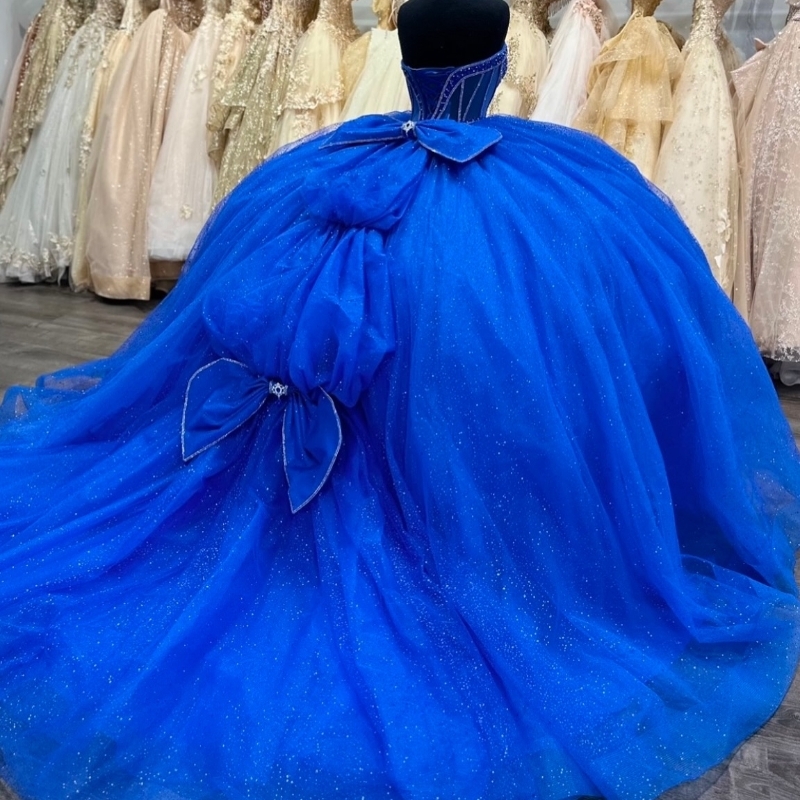 Royal Blue Quinceanera Dresses Ball Gown Off The Shoulder Beads Crystal Bow Tull Party Birthday Sweet 16 Dress Vestidos 15 anos