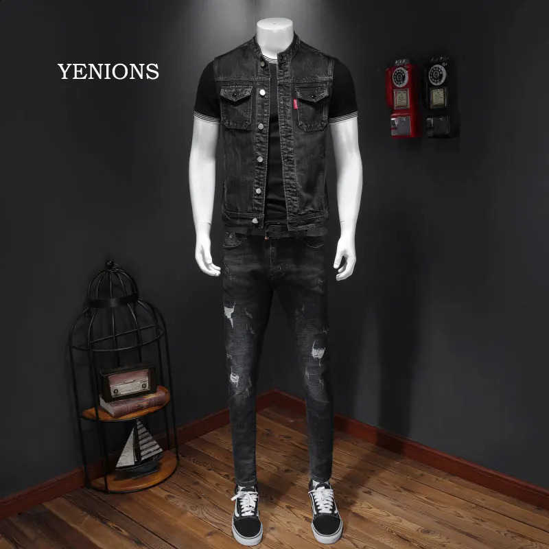 Retro Jean Jacket Mens Denim Vest Coats Slim Black Stand Collar Sleeveless Motorcycle Style Waistcoat Coat Cowboy 250206
