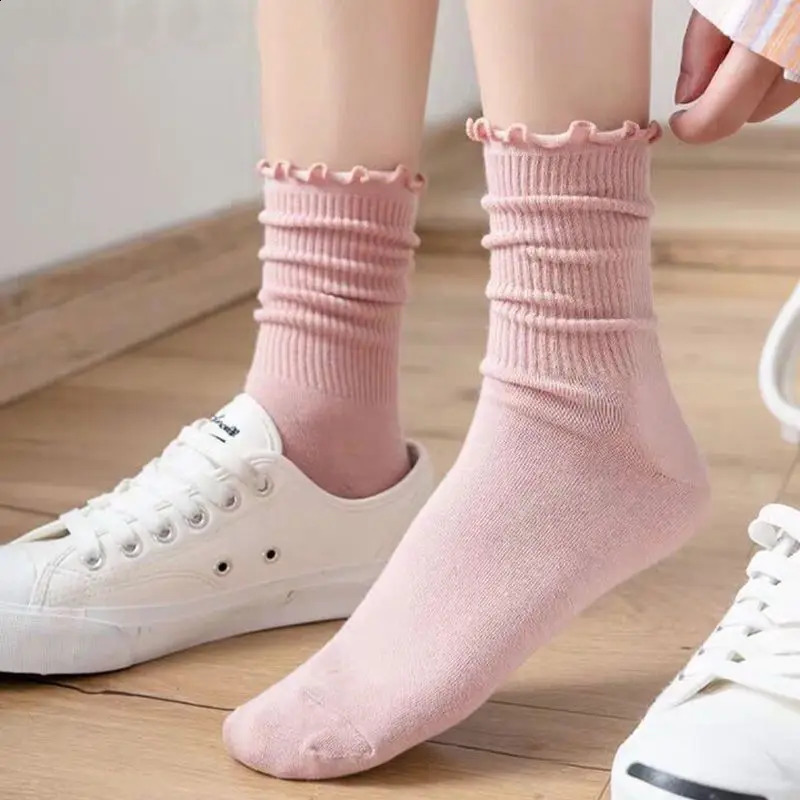 3 Pairs/lot Women Ruffle Lace Cute Socks Polyester Cotton Loose Autumn Winter Knitting Solid Color Long Breathable Mid Tube Sock 250121
