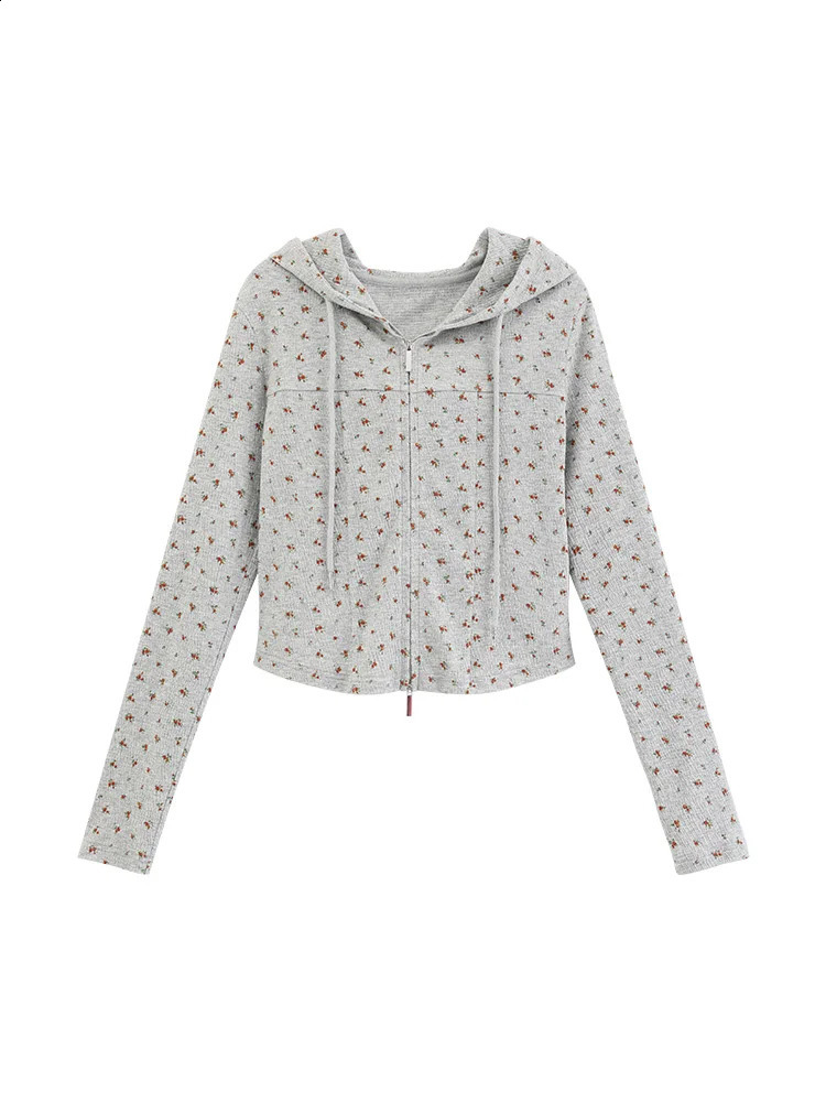 Vintage Floral Double Zipper HoodieWomen Slim Fit Casual Long Sleeve SweatshirtKorean Style Soft Cozy 2025 Autumn Fashion 250206