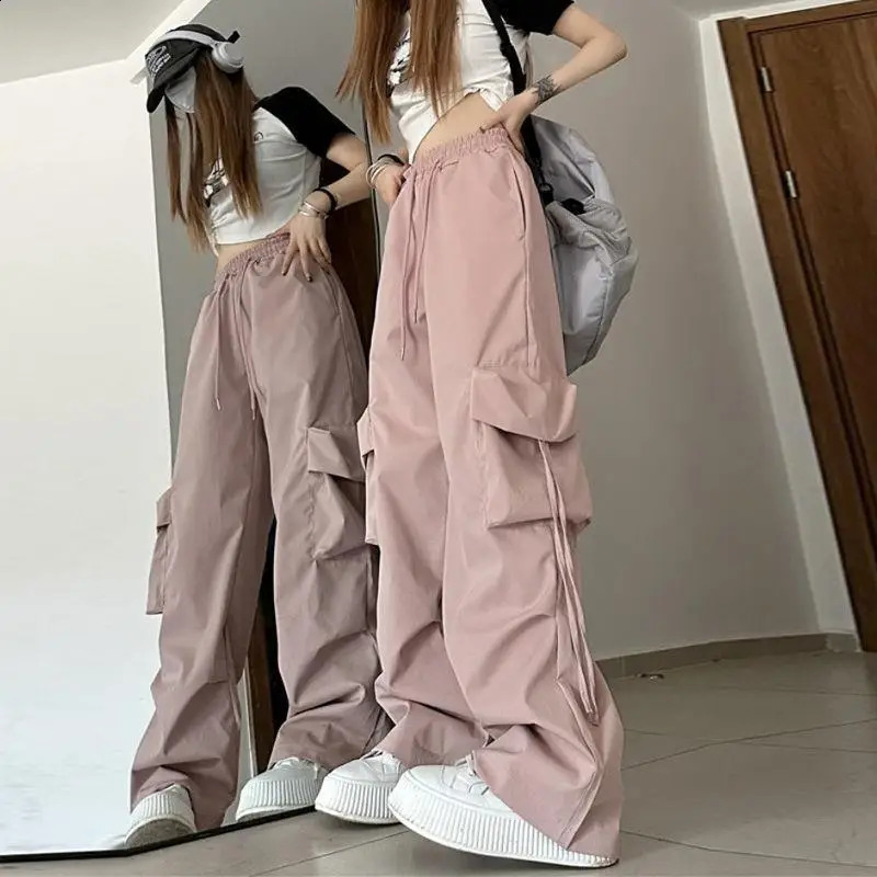 Women Big Pockets Cargo Pants Y2k High Elastic Waist Drawstring Baggy Trousers Vintage Casual Loose Side Zipper Straight Pants 250121