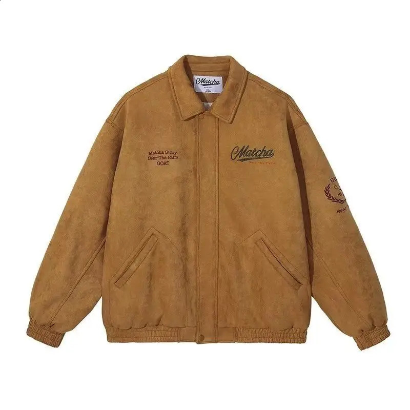 Retro Suede American Gothic Men Y2K Hip Hop Lapel Coat Fashion High Street Loose Joker Embroidered Couple Coat Baseball Uniform 250206