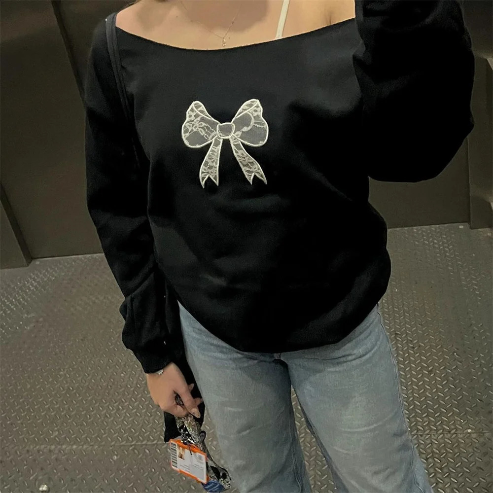 Women Coquette y2k Clothes Off Shoulder Sweatshirts Bow Print Loose Long Sleeve Pullovers Crewneck Kawaii Tops Streetwear 250121