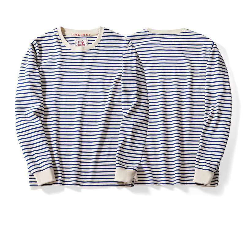 Blue White Sea Soul Shirt T-Shirt Heavy Cotton Striped Sports Jersey Men's Round Neck Long-Sleeved Outdoor Fiess Running Train