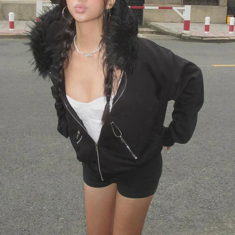 CIBBAR Autumn Winter Furry Collar Hoodies Full Zip-up Loose Long Sleeve Black Hooded Sweatshirt y2k Streetwear Women Outwear 90s 250206