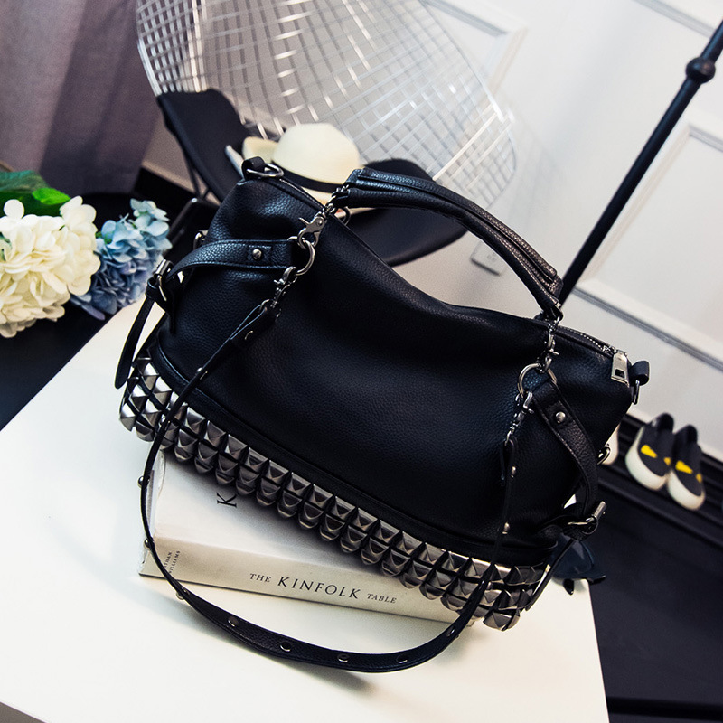 Bag Bags Large Capacity Litchi Pattern Women's Fashion Rivet Single Shoulder Diagonal Straddle Handheld Punk Bag