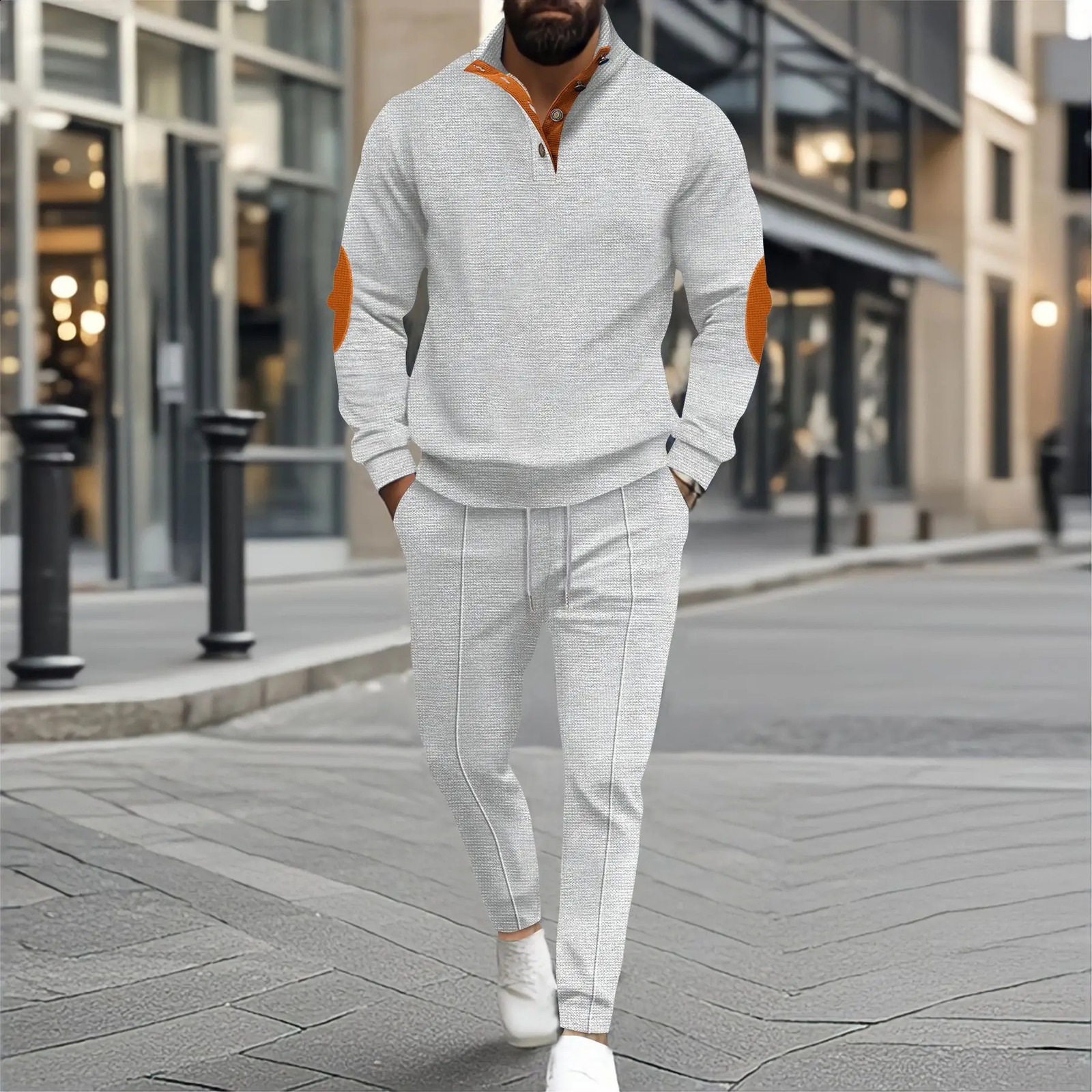 Autumn and winter mens fashion outdoor sports half zipper Waffle casual stand collar long sleeve hoodie trousers mens su 250121