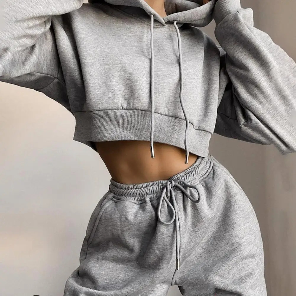2 Pcs Women Fall Hoodie Pants Set Long Sleeve Thick Hooded Short Top Elastic Waist Loose Sweatpants Winter Tracksuit Pansuit 250122