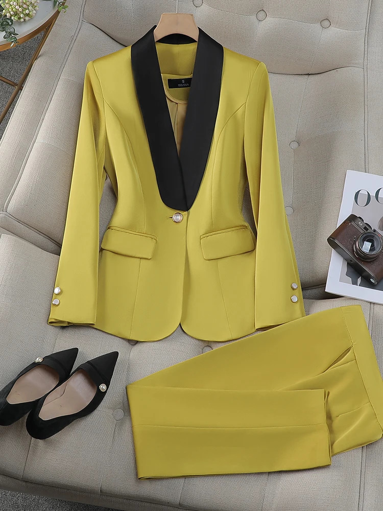 Office Ladies Pant Suit Women Yellow Red Purple Apricot Female Business Work Wear Jacket Blazer and Trouser Formal 2 Piece Set 250206